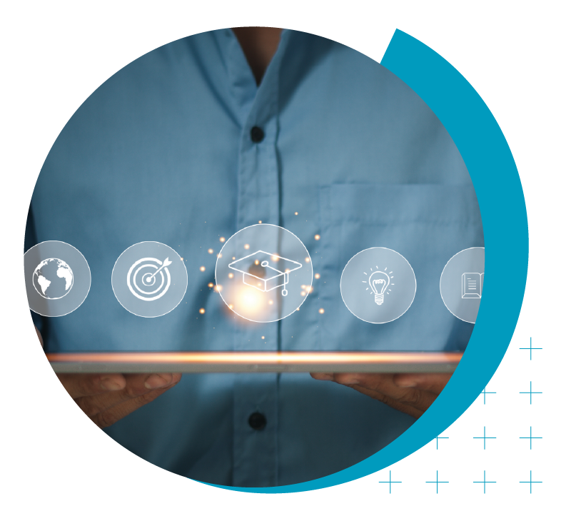 image of various icons centering around a main icon of a graduation cap | Higher Ed Digital Marketing & Student Search Services | enrollmentFUEL