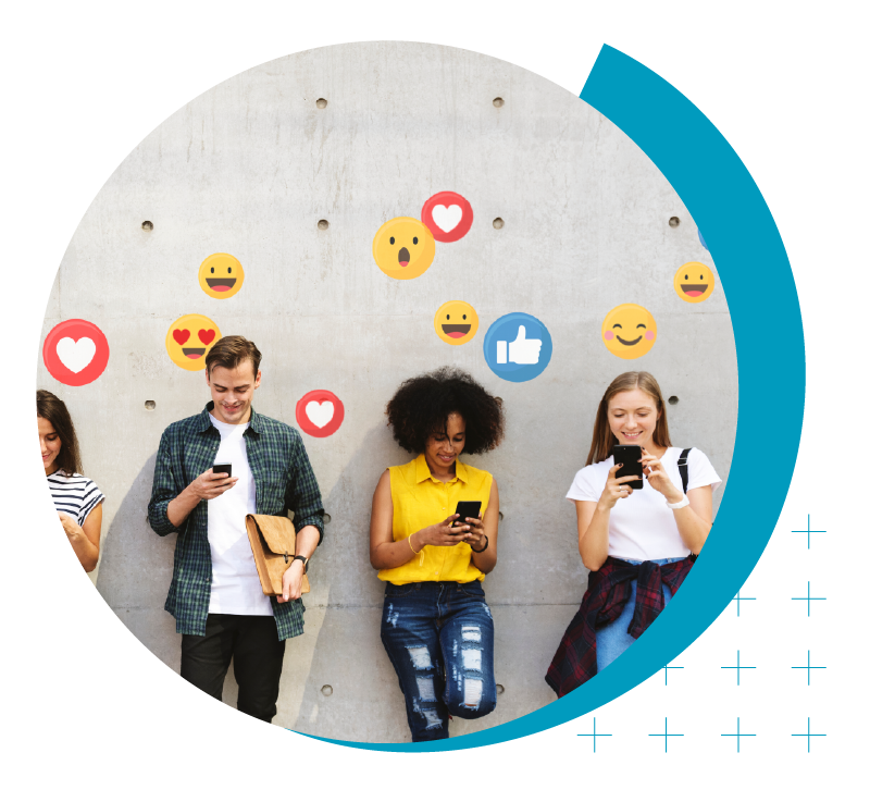 image of young adults looking at their mobile devices surrounded by social reaction icons | Higher Ed Marketing & Student Search Services | enrollmentFUEL