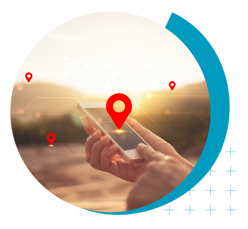 image of a person using a mobile device with the location icon visible | Higher Ed Marketing & Student Search Services | enrollmentFUEL
