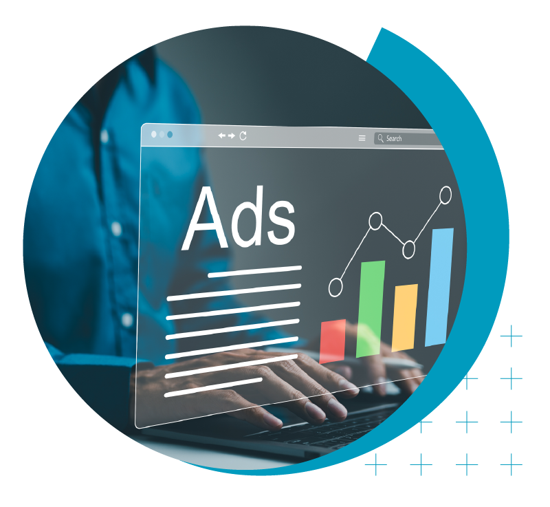image of person using a computer with icons in relation to search engine ads | Higher Ed Marketing & Student Search Services | enrollmentFUEL