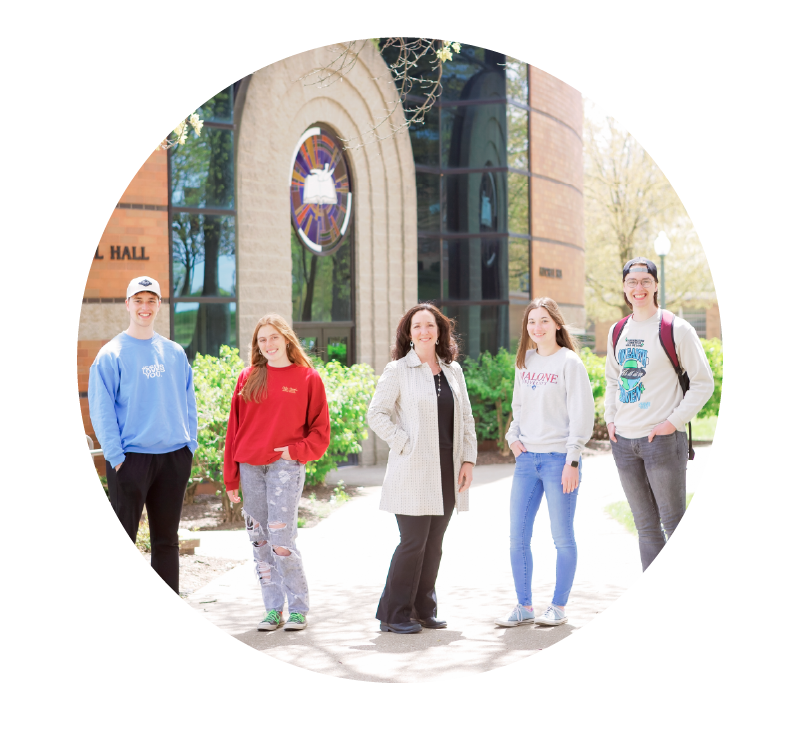 image of higher ed professional with student group on college campus | Higher Ed Marketing & Student Search Services | enrollmentFUEL