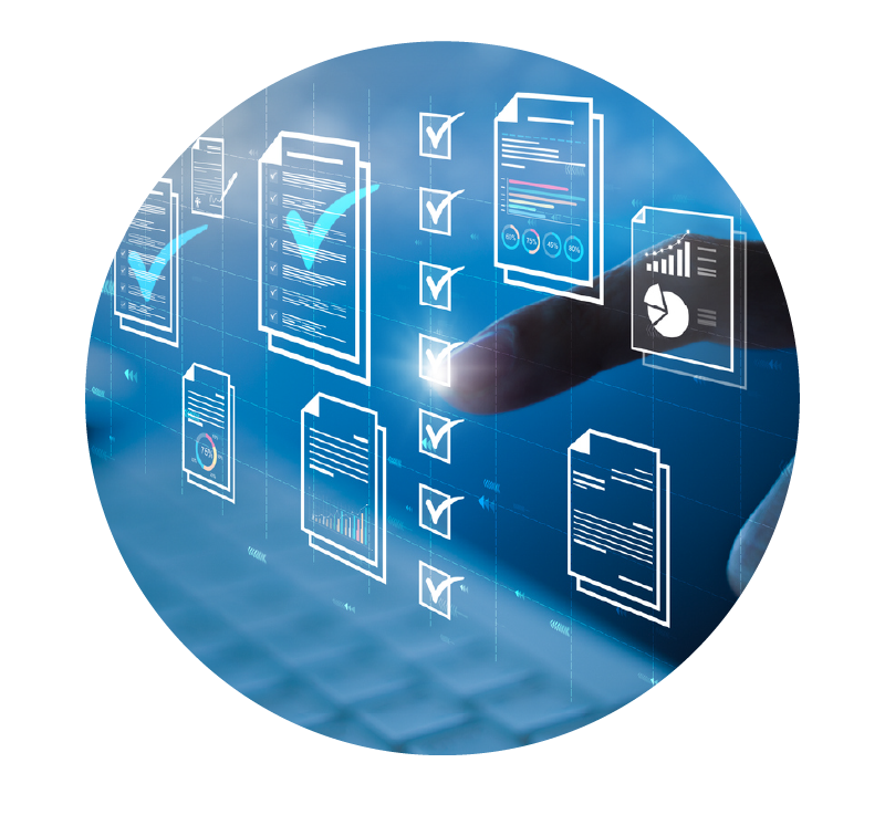image of various icons in relation to lists, data, and verification | Higher Ed Marketing & Student Search Services | enrollmentFUEL