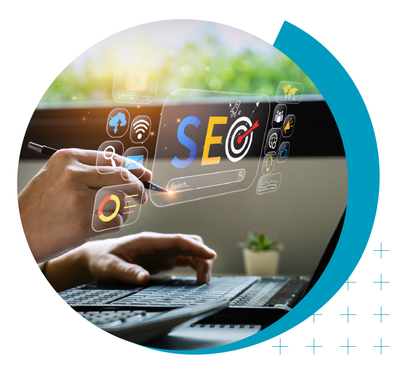 image of icons in relation to SEO | Higher Ed Digital Marketing | Google AI & SEO | enrollmentFUEL