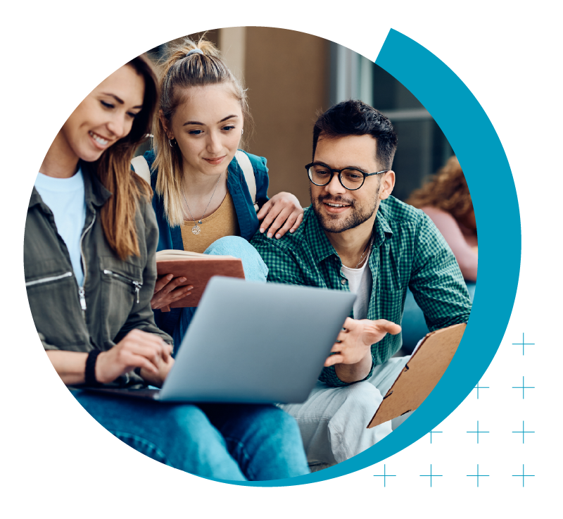 Higher Ed Marketing & Student Search Services | enrollmentFUEL | group of college students sitting outside and looking at a computer