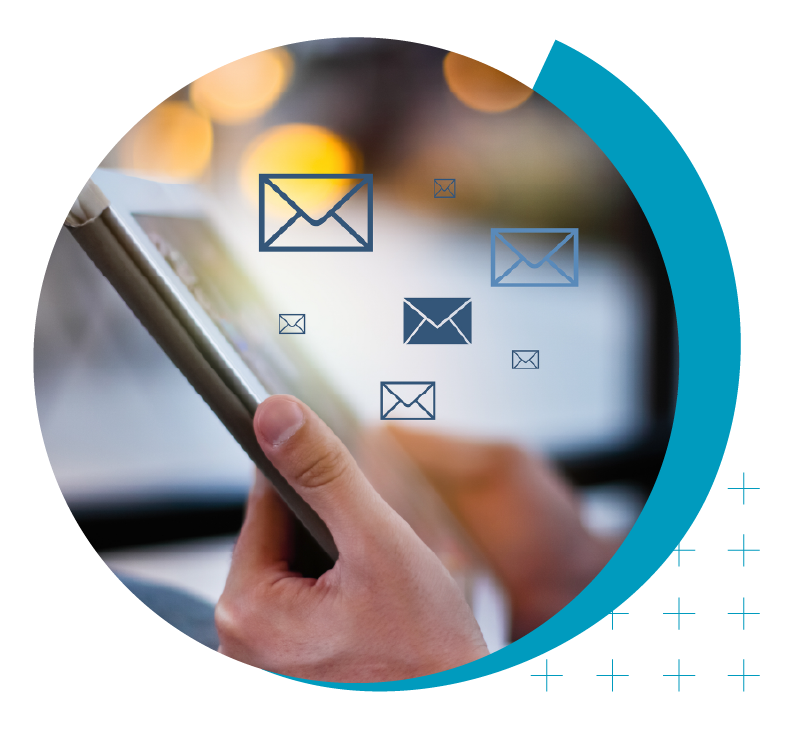 Higher Ed Marketing & Student Search Services | enrollmentFUEL | image of person holding a tablet with envelope icons