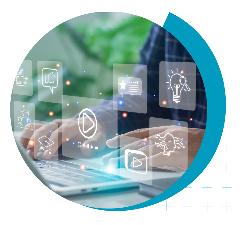 Higher Ed Marketing & Student Search Services | enrollmentFUEL | image of person using a laptop with multiple icons showing multimedia