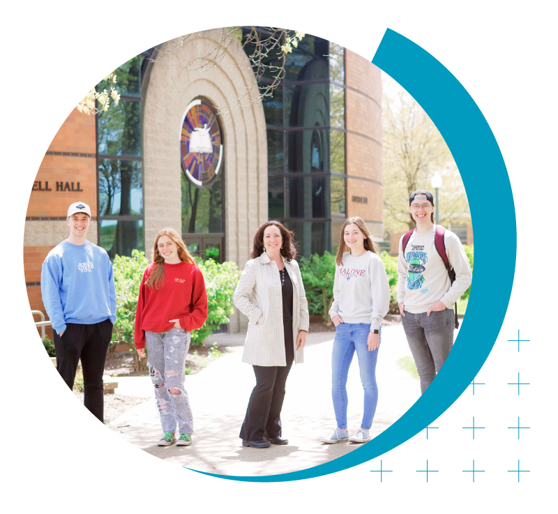 Higher Ed Marketing & Student Search Services | enrollmentFUEL | image of higher ed professional and college students on campus