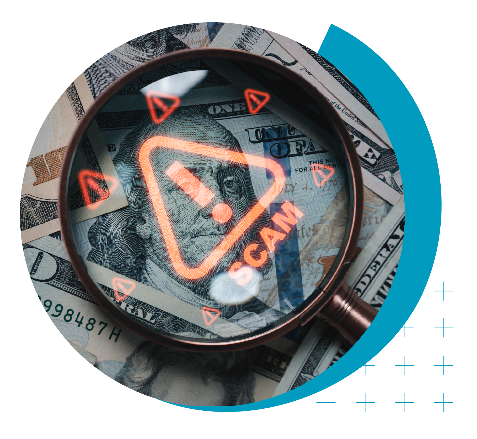 Higher Ed Marketing & Student Search Services | enrollmentFUEL | image of magnifying glass over a hazard sign with the word "scam" inside on top of paper money